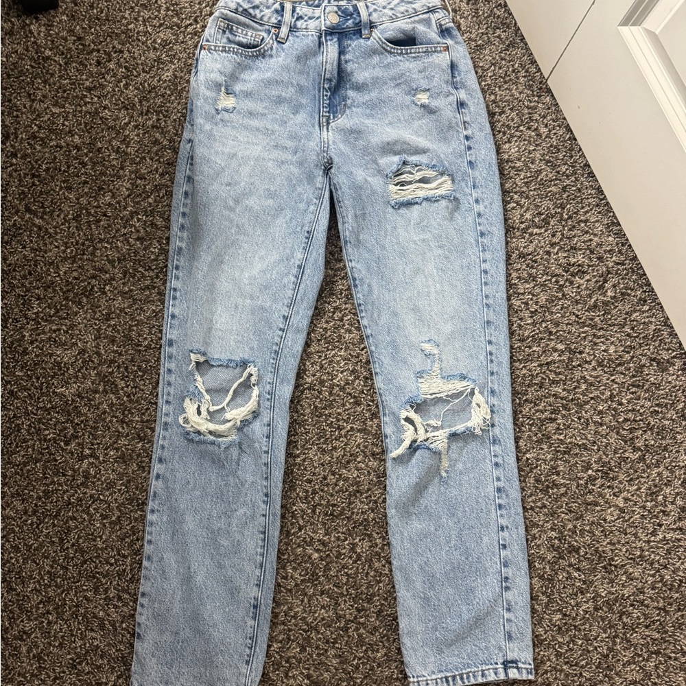 PacSun Light Blue Distressed Straight Leg Mom Jeans